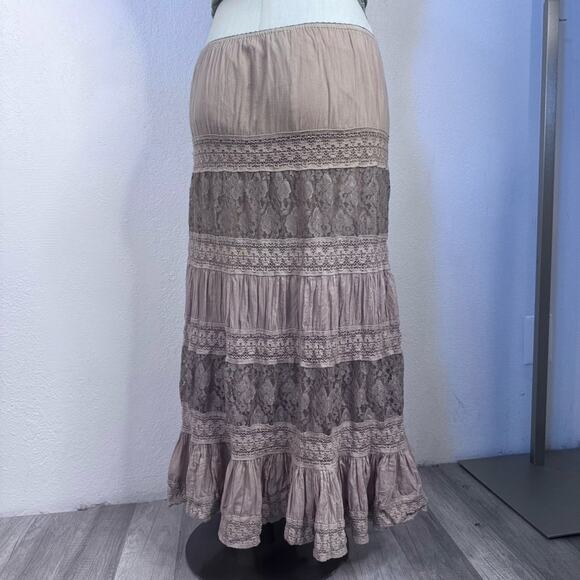 Y2K Boho Lace Midi Skirt Taupe Brown Tiered Ruffle Peasant Cottagecore Fairycore - Picture 3 of 7